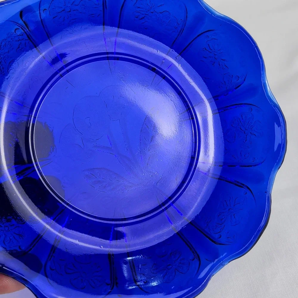 VTG Butter/Cheese Dish Cobalt Blue Glass Cherry Blossom Embossed Scalloped Edge